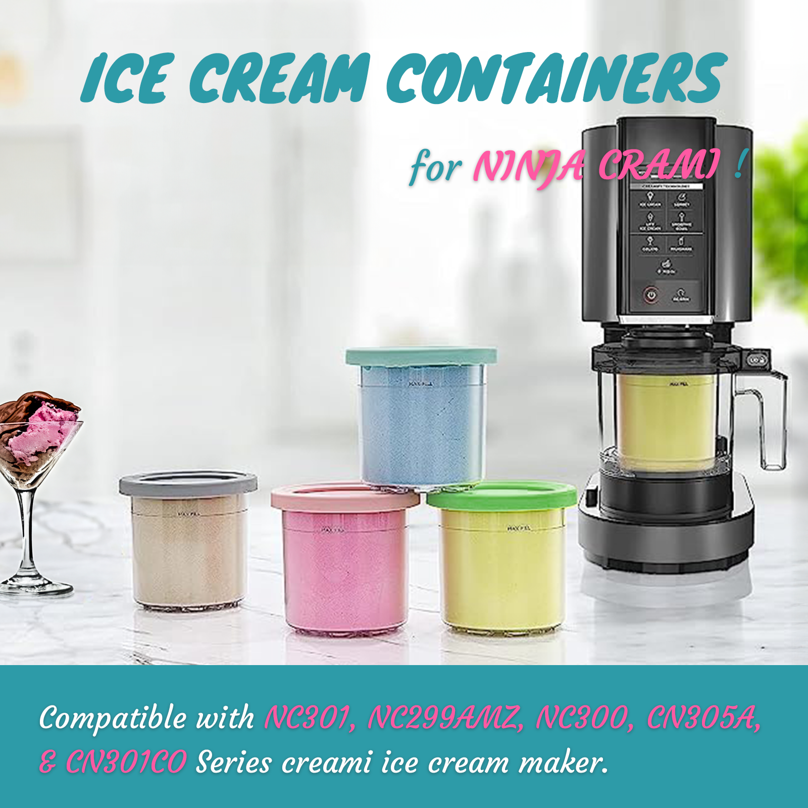4Pcs Ice Cream Pints Cups For NINJA- CREAMI NC299AMZ/NC300s Series