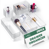 WALL QMER 25PCS Clear Plastic Drawer Organizer Set with Non-Slip Pads, 4 Sizes Organizer Trays for Makeup, Jewelry, Bathroom, Kitchen Gadget Utensils & Ofiice, CT01