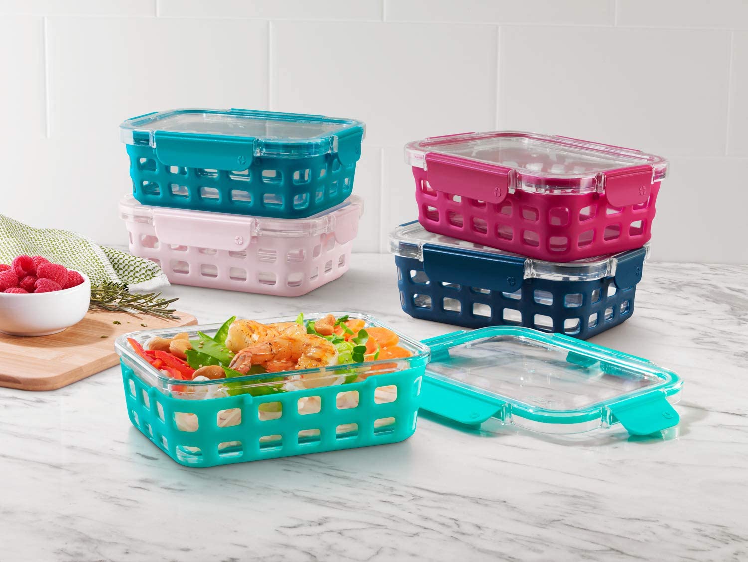 Ello Duraglass 5 Glass Food Storage Meal Prep Containers silicone color  coded